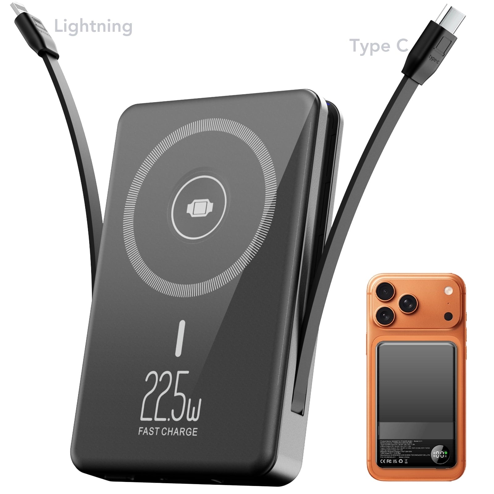 Magnetic Portable Charger with Built-in-Cable, iWatch Charger, 10000mAh Power Bank with Display, Foldable Stand, 22.5W Fast Charging Travel Battery Pack Compatible with iPhone and Apple Watch
