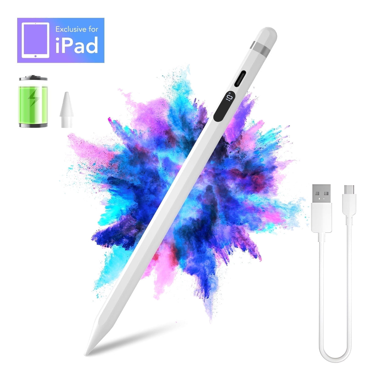 Stylus Pen for iPad 2018-2025, Faster Charge, LED Display, Tilt Sensitivity, Pixel Precision, Stylus Pen for iPad 11/10/9/8/7/6th Gen, Pro 12.9/11/13-inch M4, Air 3/4/5/M2/M3, Mini 5/6th, White